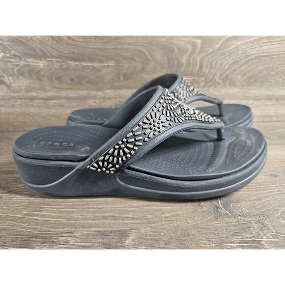 CROCS Women's Size 9 Black Embellished Monterey Diamante Wedge Flip Flop Sandals - Picture 2 of 9